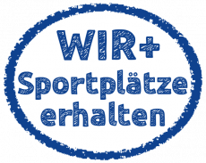 Das Logo von Wir und Sportplätze erhalten: blaue Schrift auf weißem Hintergrund in einem blauen Oval.